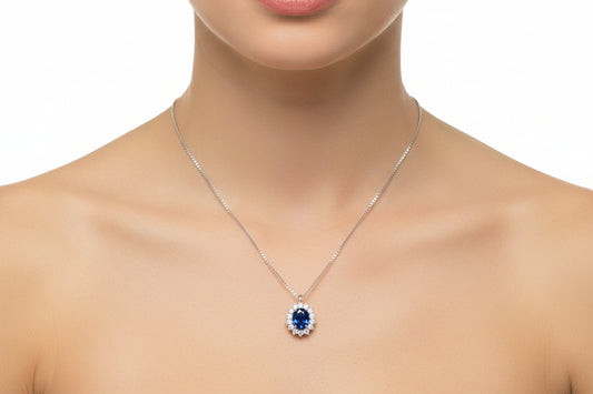 Collana in Oro Bianco 18kt con Zaffiro Blu e Diamanti - PONTILLO
