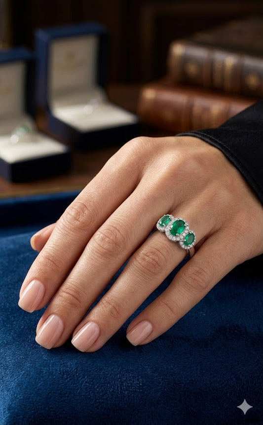 Anello Trilogy in Oro Bianco 18kt Verde Smeraldo - LUCCIOLE