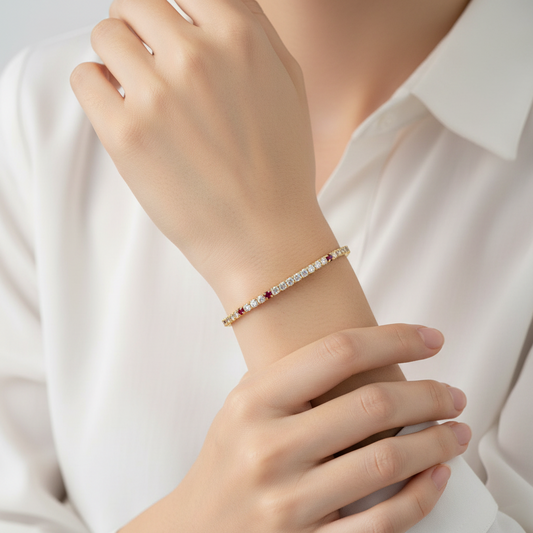 Bracciale Donna Tennis in Argento Dorato e Zirconi Bianchi e Rossi - AMEN