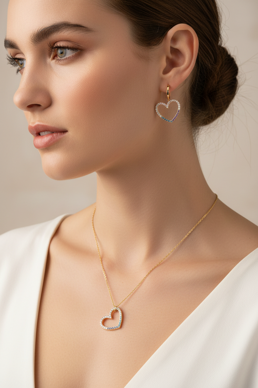 Set di Collana e Orecchini Donna Amore in Ottone Dorato con Zirconi Rainbow - AMEN