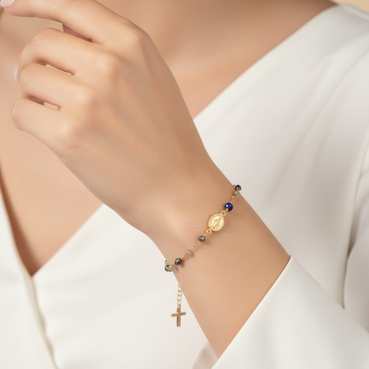 Collana Donna Rosario con Pietre Blu e Grigie in Argento Dorato - ANANDA