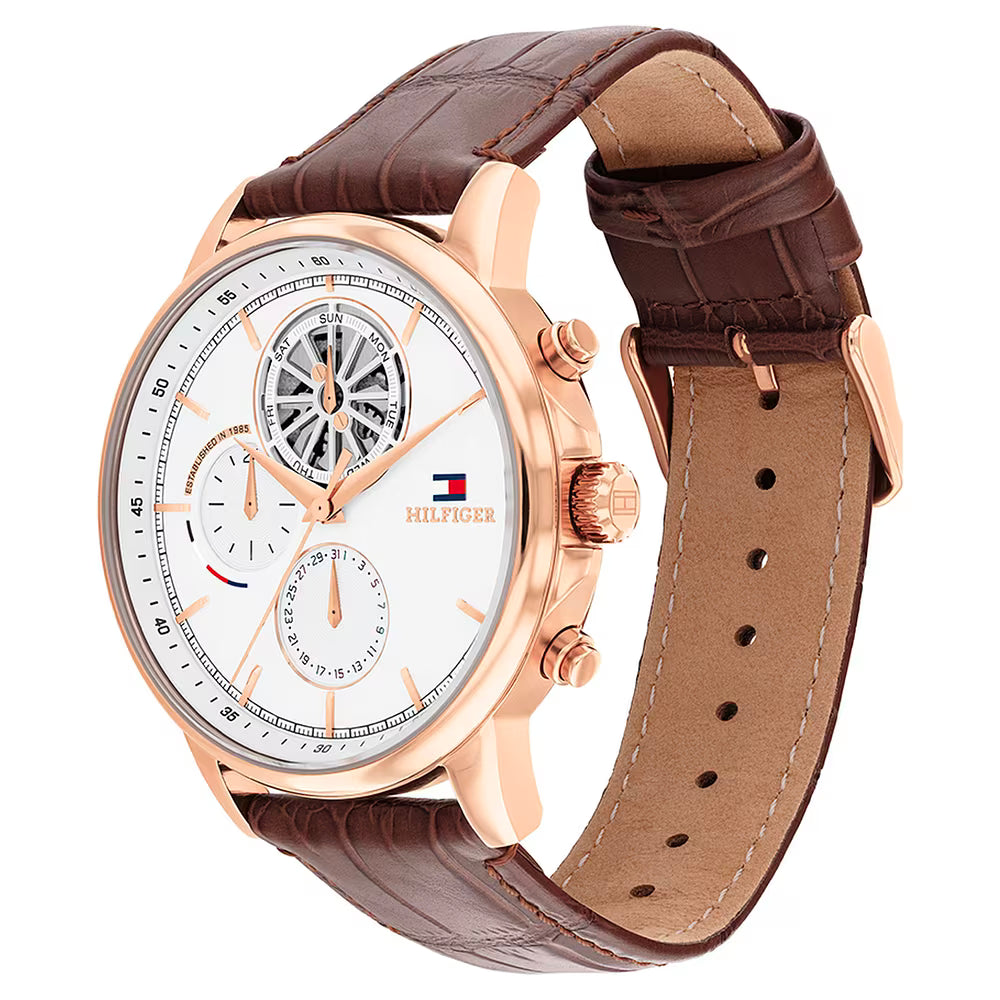 Orologio Uomo Tommy Hilfiger Steward - Solo Tempo in Pelle Marrone e Rose Gold Skeleton