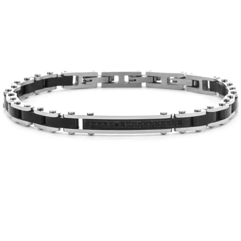 Bracciale Uomo in Acciaio Targhetta Nera e Zirconi Neri - 4US
