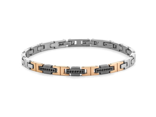 Bracciale Uomo in Acciaio Oro Rosa Nero e Zirconi - 4US