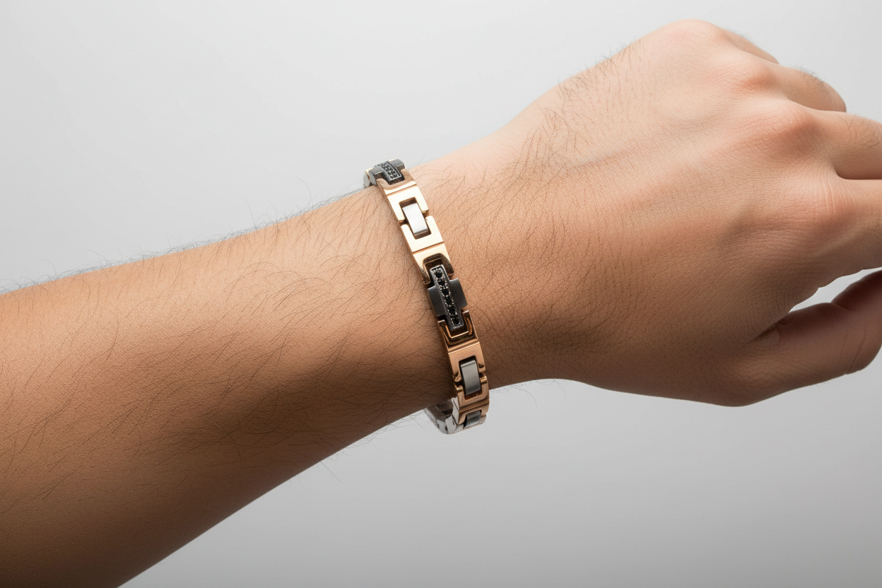 Bracciale Uomo in Acciaio Oro Rosa Nero e Zirconi - 4US