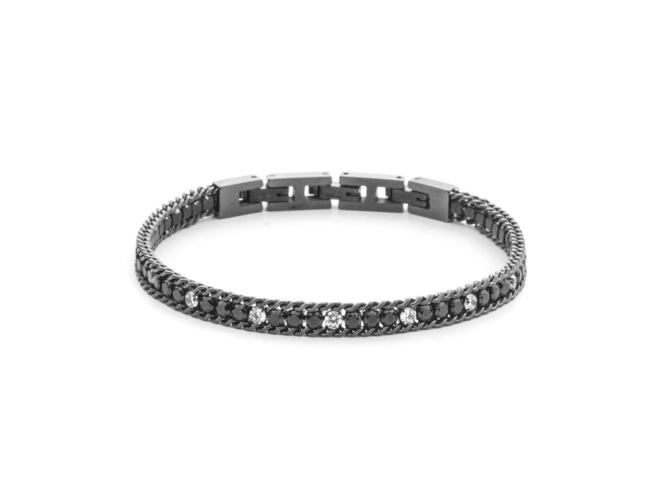 Bracciale Uomo Tennis in Acciaio PVD Gun con Zirconi Neri e Bianchi - 4US
