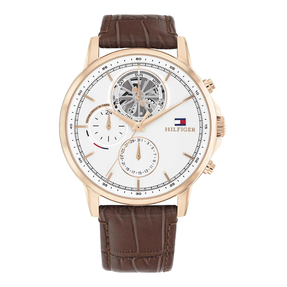 Orologio Uomo Tommy Hilfiger Steward - Solo Tempo in Pelle Marrone e Rose Gold Skeleton