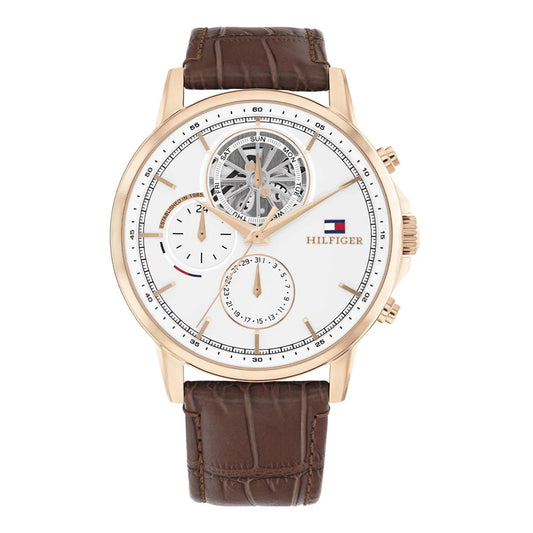 Orologio Uomo Tommy Hilfiger Steward - Solo Tempo in Pelle Marrone e Rose Gold Skeleton
