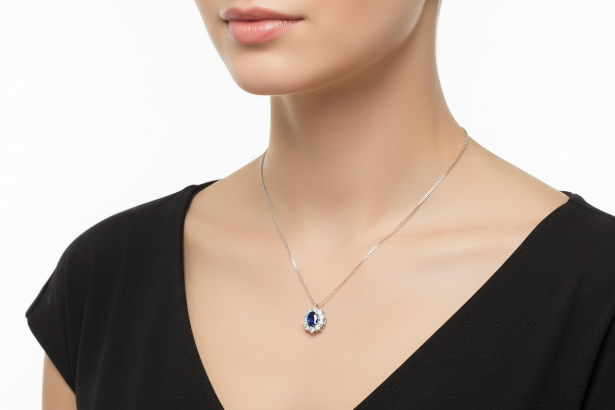 Collana in Oro Bianco 18kt con Zaffiro Blu e Diamanti - PONTILLO