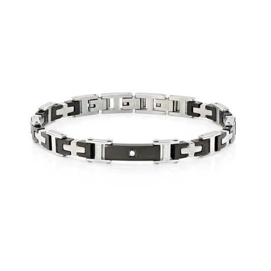 Bracciale Uomo in Acciaio con Maglie Nere e Zircone - AMEN