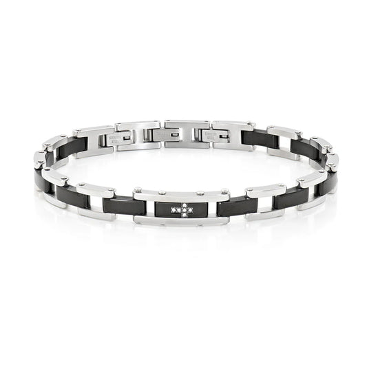 Bracciale Uomo in Acciaio con Maglie Nere e Croce con Zirconi - AMEN