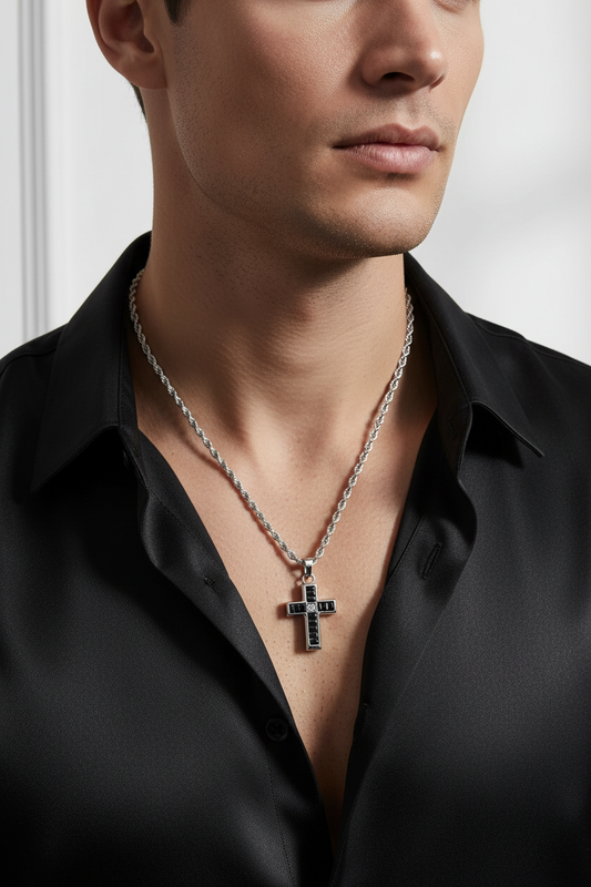 Collana Uomo Croce con Zirconi Neri - AMEN