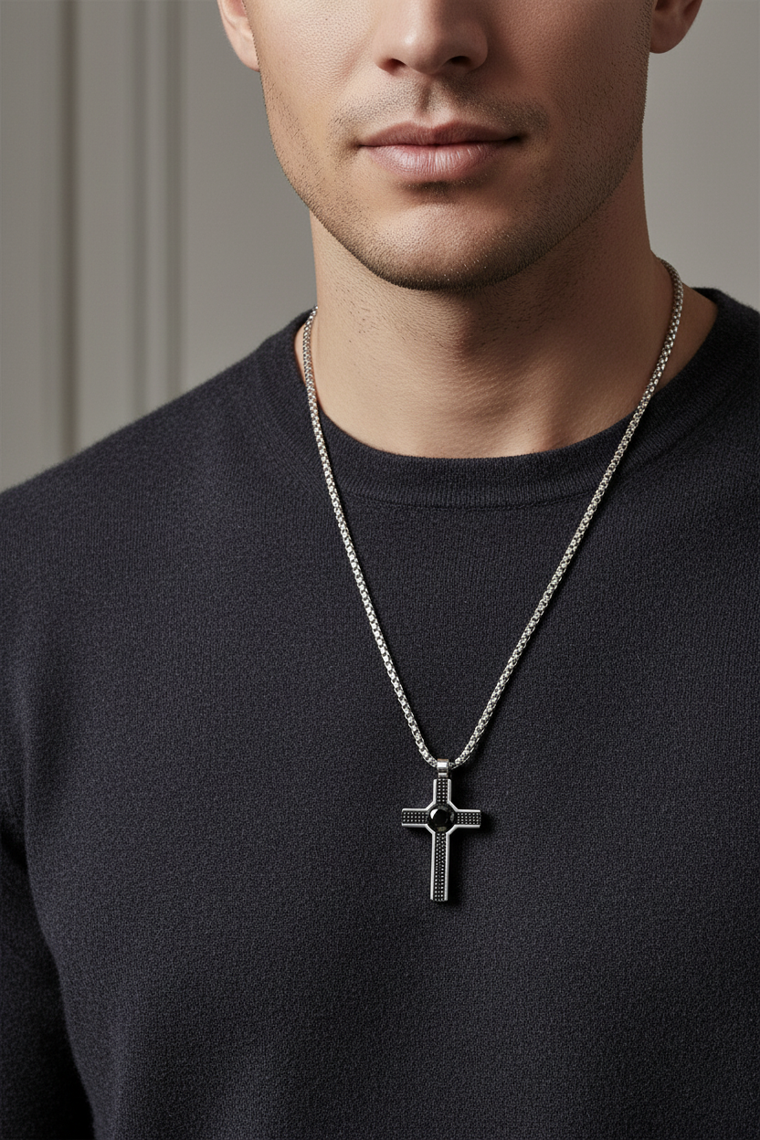 Collana Uomo Croce con Zirconi Neri e Texture - AMEN