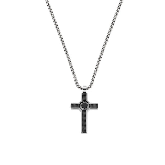 Collana Uomo Croce con Zirconi Neri e Texture - AMEN