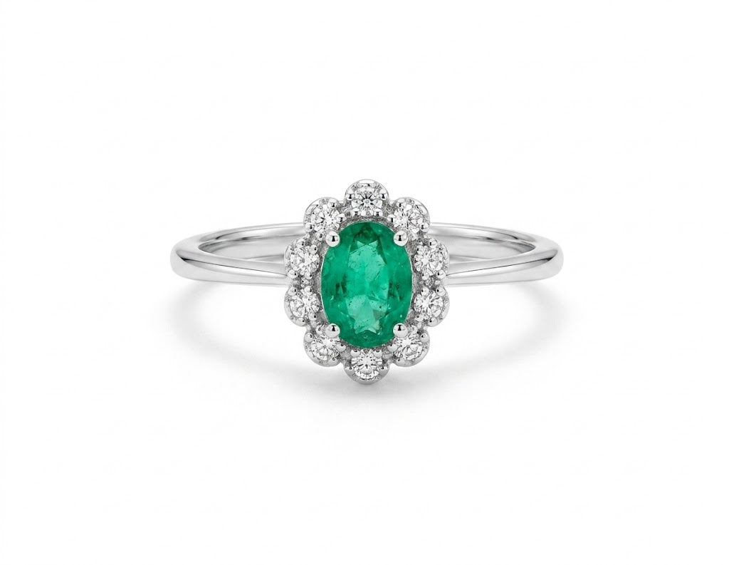 Anello Solitario in Oro Bianco 18kt Verde Smeraldo - LUCCIOLE