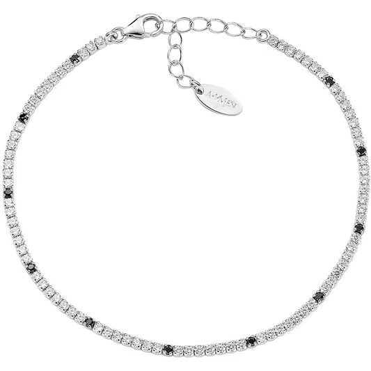 Bracciale Unisex Tennis in Argento con Zirconi Bianchi e Neri - AMEN