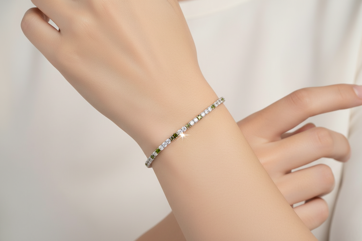 Bracciale Unisex Tennis in Argento con Zirconi Bianchi e Verdi - AMEN