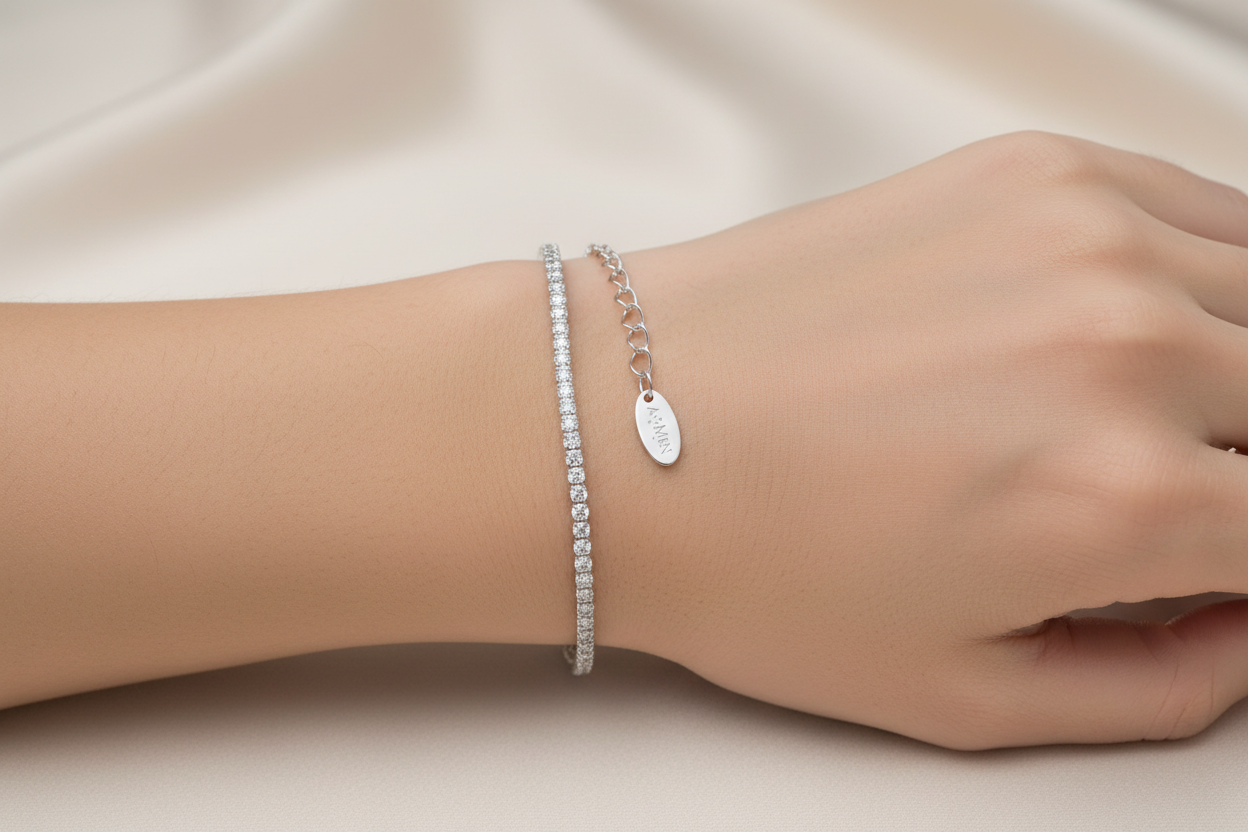 Bracciale Unisex Tennis in Argento con Zirconi Bianchi - AMEN