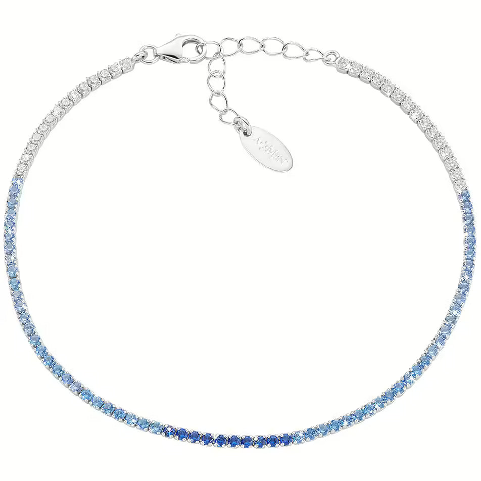 Bracciale Unisex Tennis in Argento con Zirconi Azzurri e Bianchi - AMEN