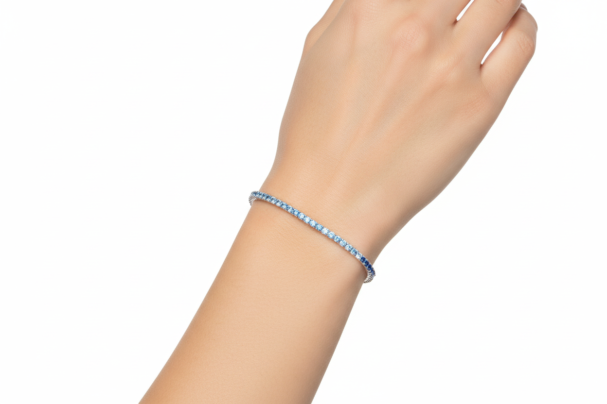 Bracciale Unisex Tennis in Argento con Zirconi Azzurri e Bianchi - AMEN