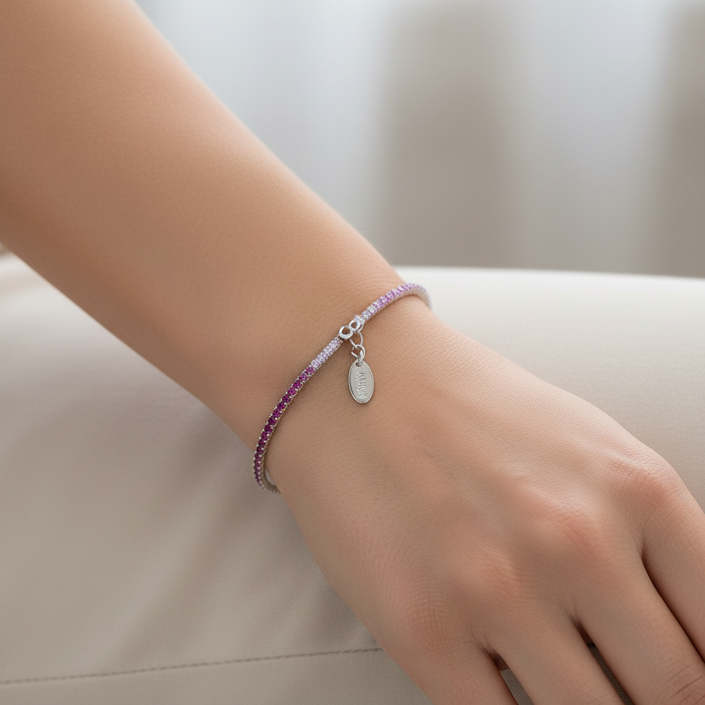 Bracciale Unisex Tennis in Argento con Zirconi Fucsia e Bianchi - AMEN