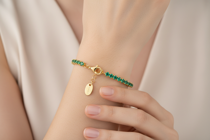 Bracciale Donna Tennis in Argento Dorato e Zirconi Verdi - AMEN