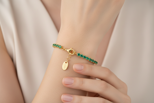 Bracciale Donna Tennis in Argento Dorato e Zirconi Verdi - AMEN