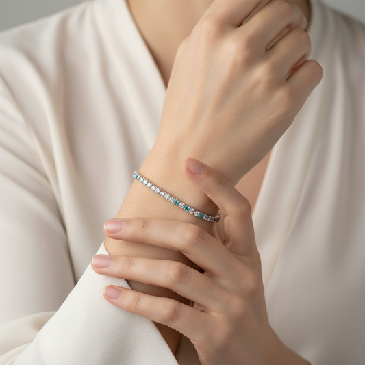 Bracciale Donna Tennis in Argento con Zirconi Bianchi e Acquamarina - AMEN