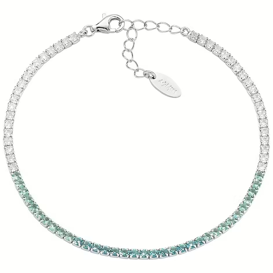 Bracciale Unisex Tennis in Argento con Zirconi Bianchi e Verde Acqua - AMEN