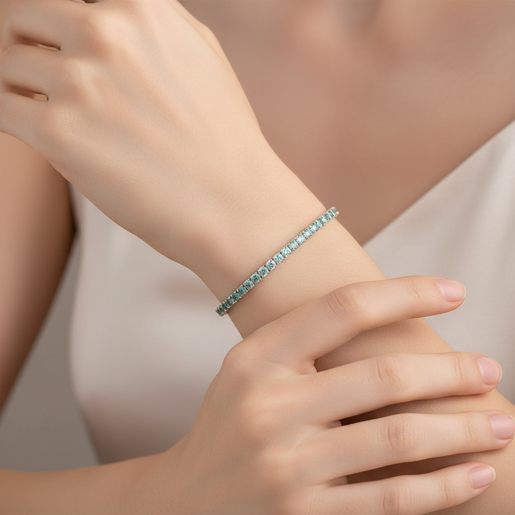 Bracciale Unisex Tennis in Argento con Zirconi Bianchi e Verde Acqua - AMEN