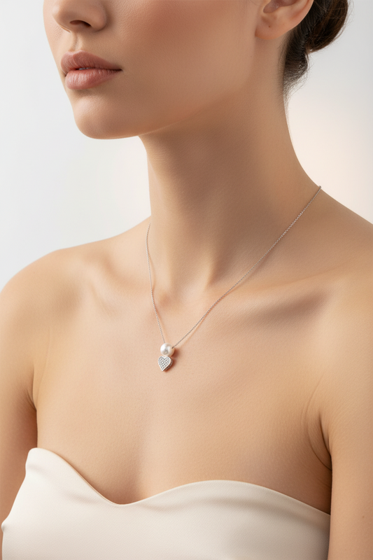Collana Donna Cuore Pavè con Perla in Argento con Zirconi - AMEN