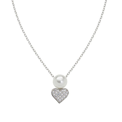 Collana Donna Cuore Pavè con Perla in Argento con Zirconi - AMEN