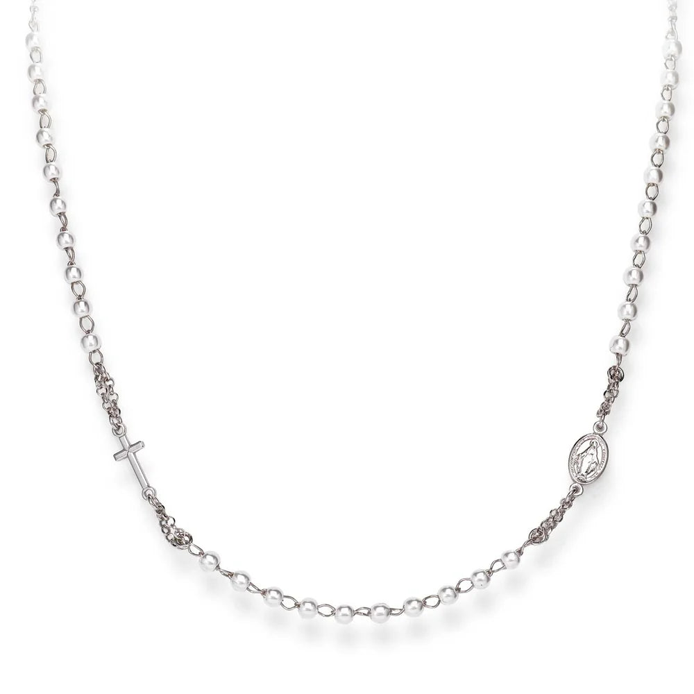 Collana Donna Rosario con Perle Bianche in Argento - AMEN