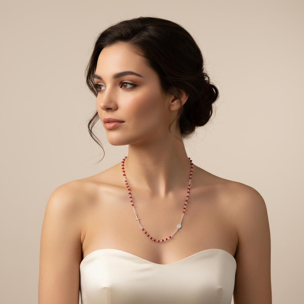 Collana Donna Rosario con Cristalli Rossi in Argento - AMEN