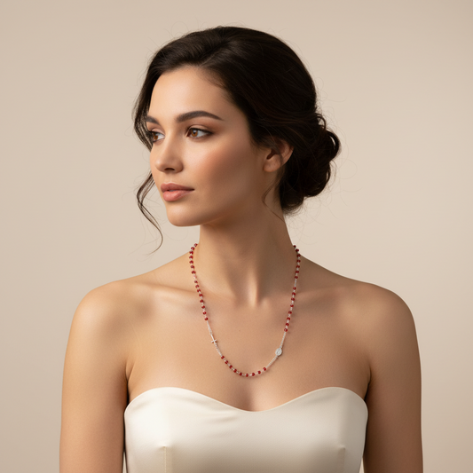 Collana Donna Rosario con Cristalli Rossi in Argento - AMEN