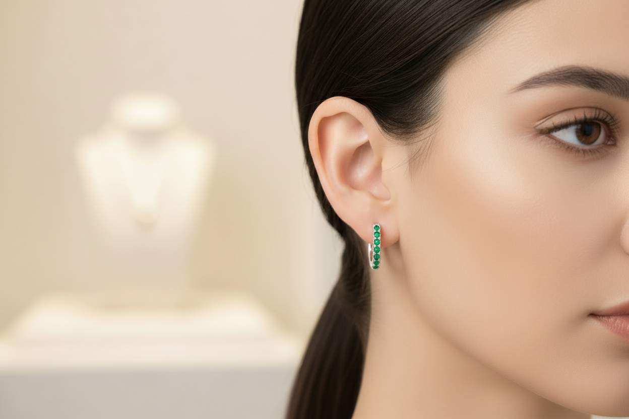 Orecchini Donna a Cerchio in Argento con Zirconi Verdi - AMEN