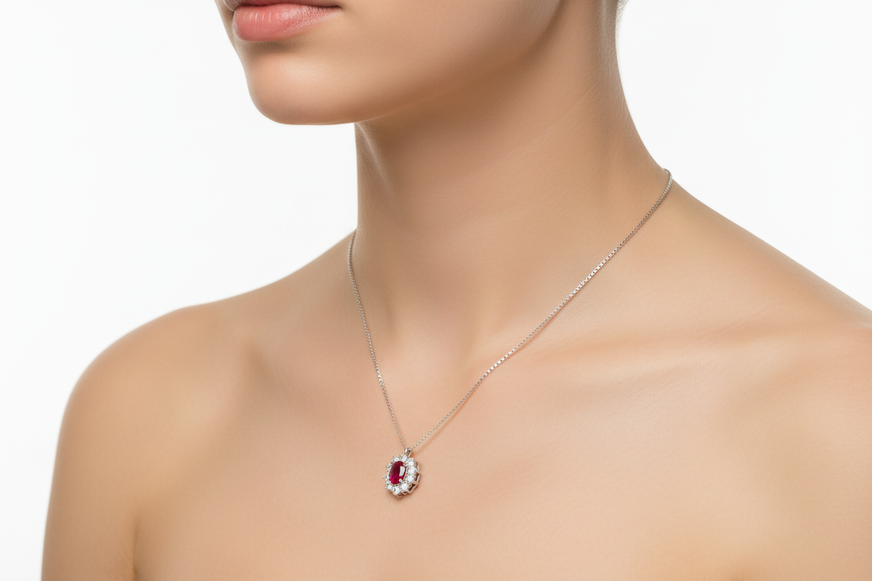 Collana in Oro Bianco 18kt con Rubino Rosso e Diamanti - PONTILLO