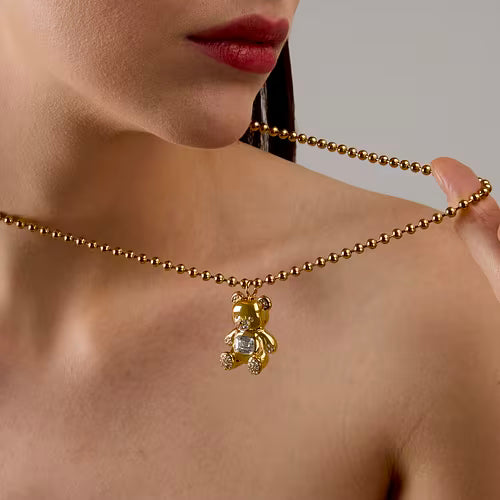 Collana Donna GCDS Coraggio Bear in Acciaio Dorato e Cristalli Bianchi