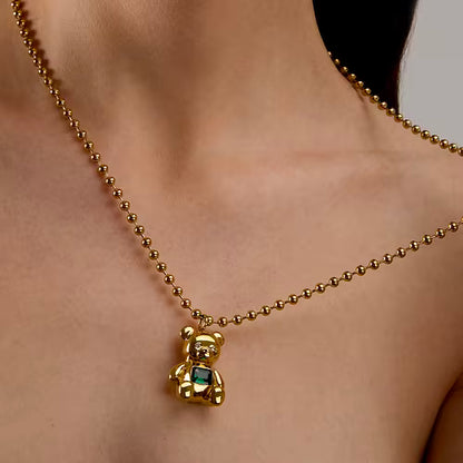 Collana Donna GCDS Coraggio Bear in Acciaio Dorato e Cristalli Verdi