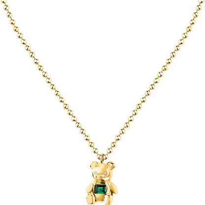 Collana Donna GCDS Coraggio Bear in Acciaio Dorato e Cristalli Verdi