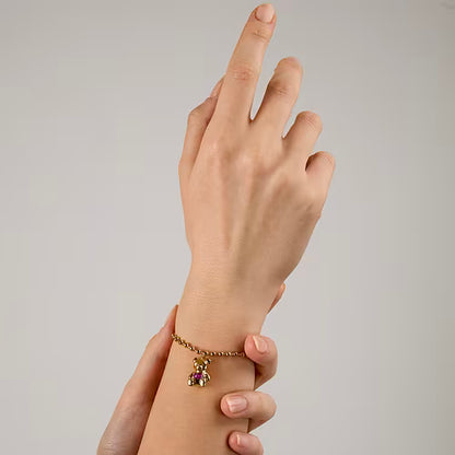 Bracciale Donna GCDS Coraggio Bear in Acciaio Dorato e Cristalli Rosa