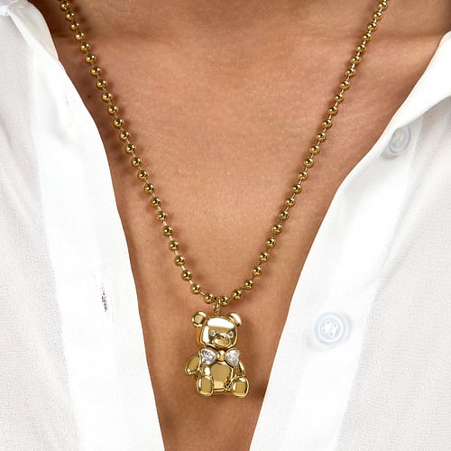 Collana Donna GCDS Coraggio Bear in Acciaio Dorato e Fiocco Bianco
