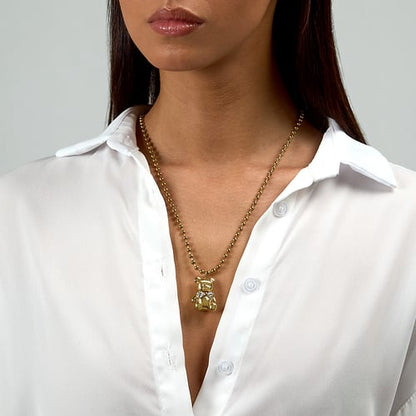 Collana Donna GCDS Coraggio Bear in Acciaio Dorato e Fiocco Bianco