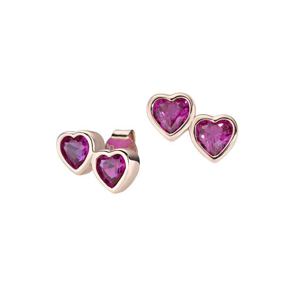 Orecchini Donna Due Cuori Rubino in Argento Dorato - AMEN