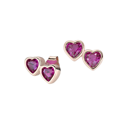 Orecchini Donna Due Cuori Rubino in Argento Dorato - AMEN