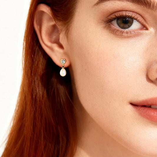 Orecchini Donna Cuore con Perla in Argento Dorato e Zirconi - AMEN