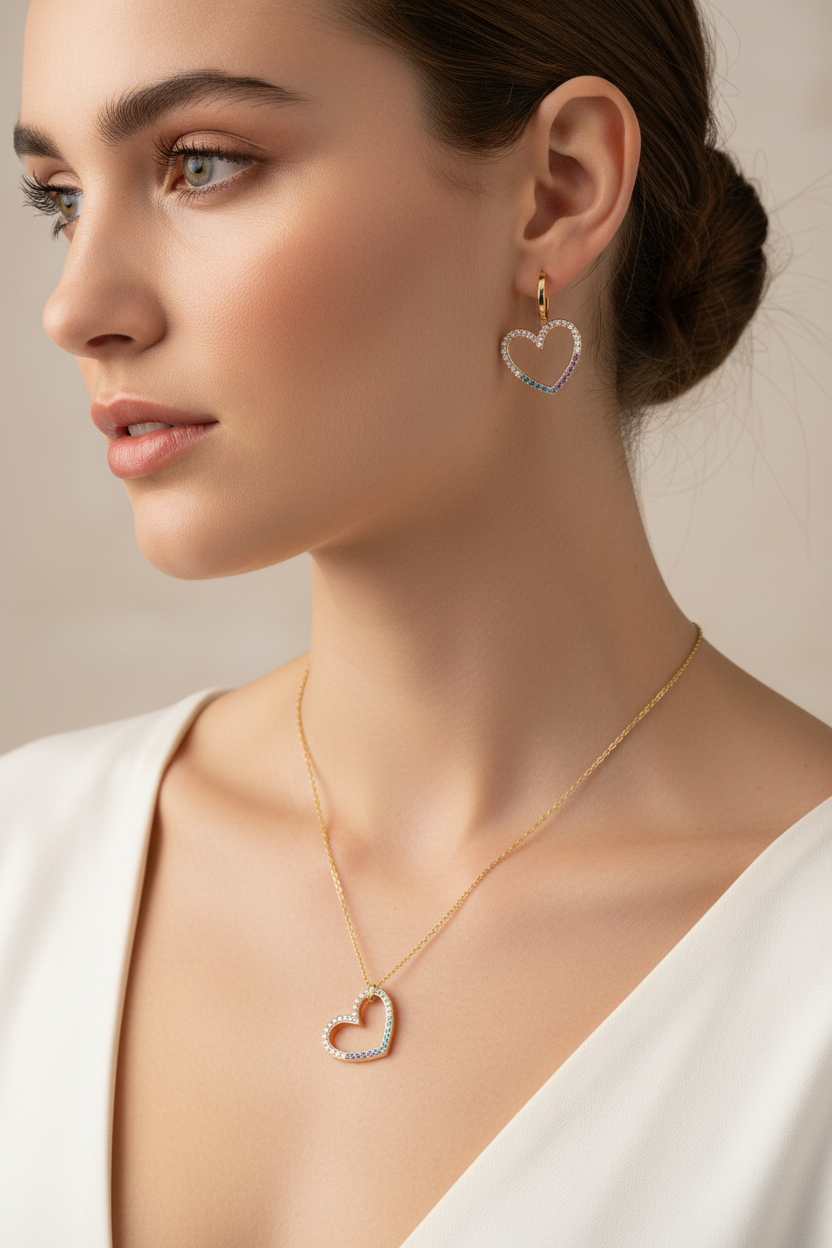 Set di Collana e Orecchini Donna Amore in Ottone Dorato con Zirconi Rainbow - AMEN