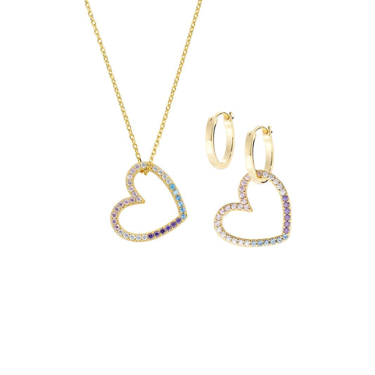 Set di Collana e Orecchini Donna Amore in Ottone Dorato con Zirconi Rainbow - AMEN