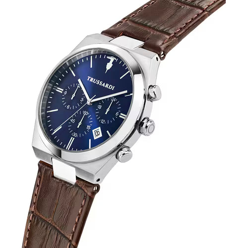 Orologio Uomo TRUSSARDI in Pelle Marrone e Quadrante Blu