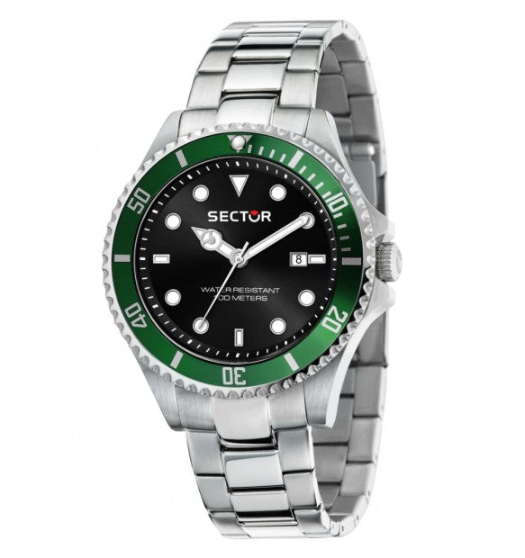 Orologio Uomo SECTOR 230 Solo Tempo in Acciaio con Quadrante Nero e Ghiera Verde